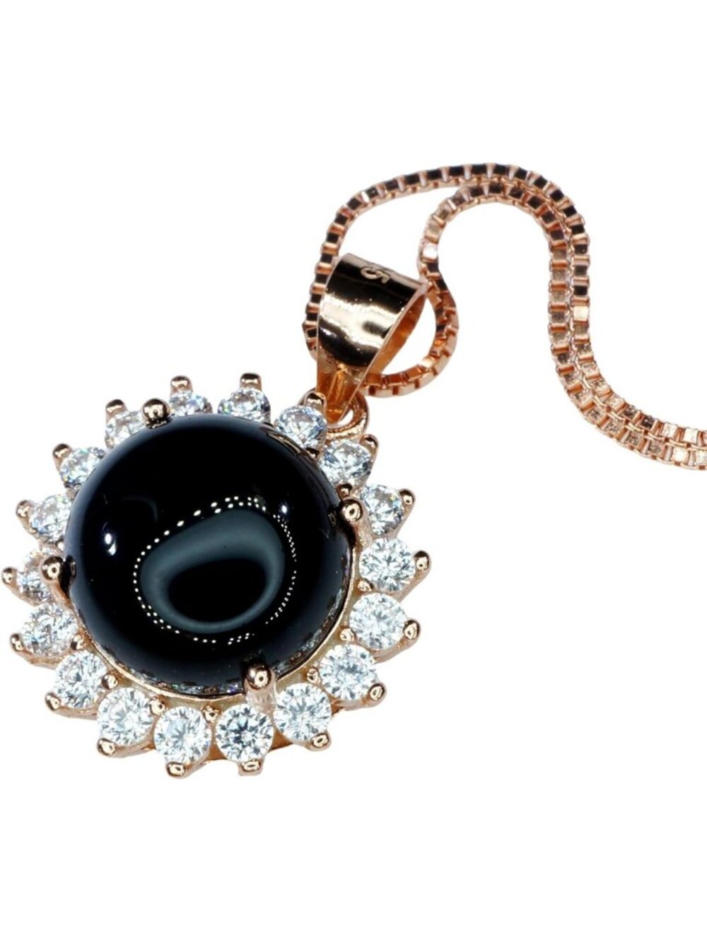 Elegant Black Onyx Pendant Necklace in Rose Gold, Halo Design with Diamond